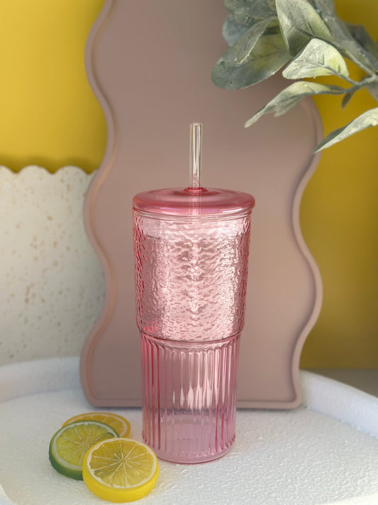 Glass Pink Ribbed Tumbler With Glass Straw