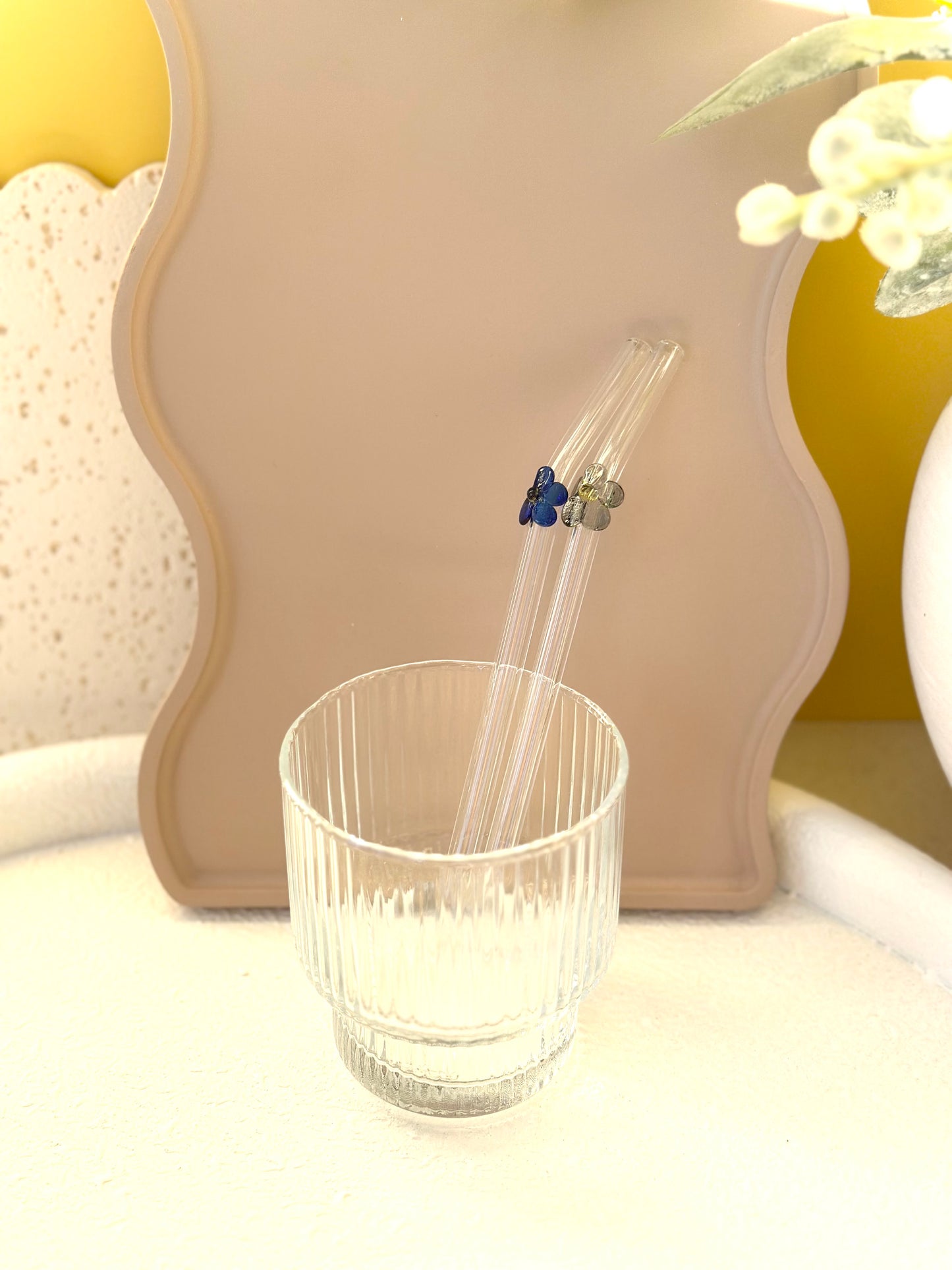 Grey And Blue Flower Glass Straws - Set of 2