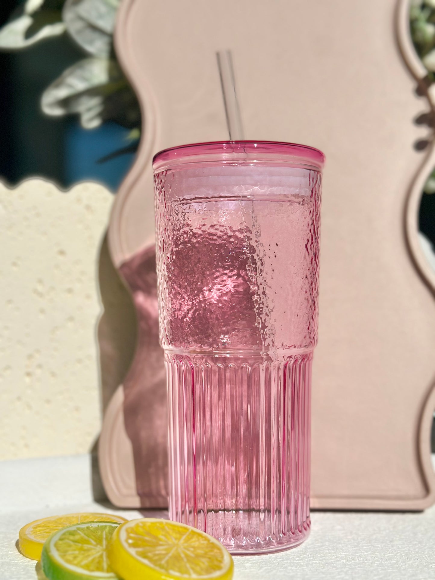 Glass Pink Ribbed Tumbler With Glass Straw