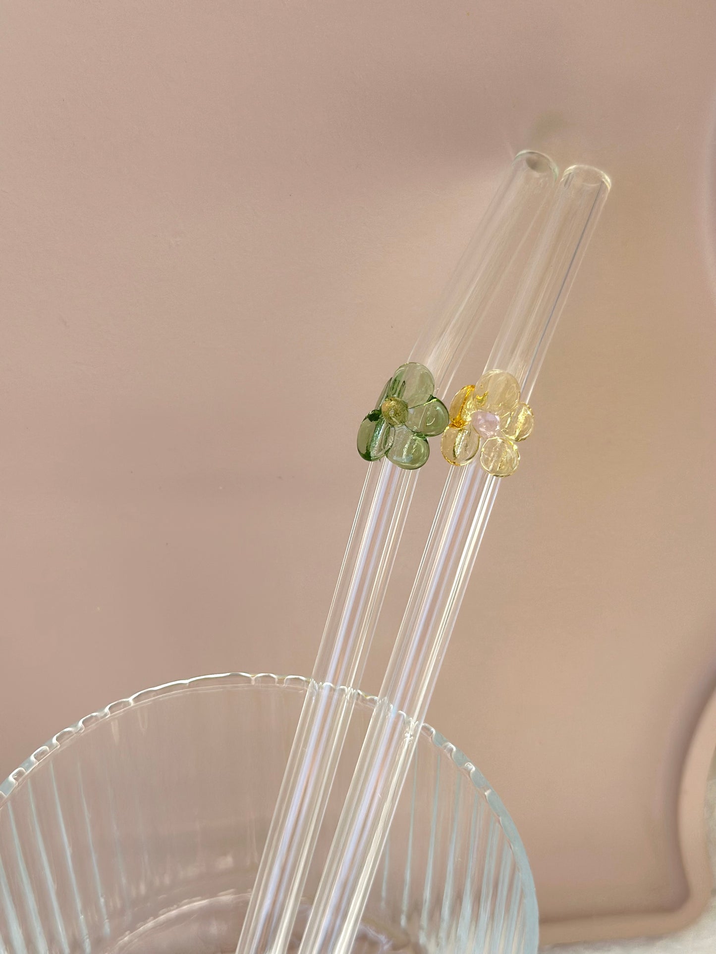 Green & Yellow Flower Glass Straws - Set of 2