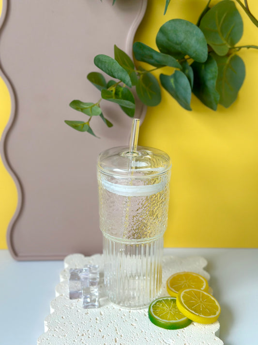 Glass Ribbed Tumbler With Glass Straw